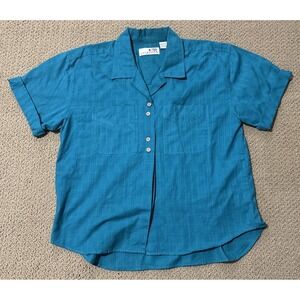 Vtg Women's Teal Button Down Blouse Grandma Core Short Cuff Sleeve Tributes Lg
